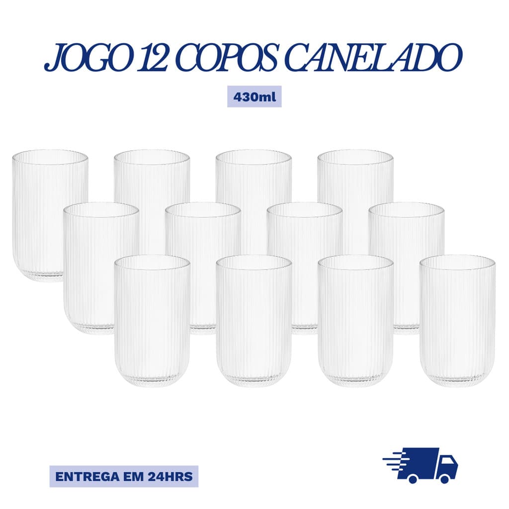 Conjunto de 12 copos de vidro canelado de 430ml com entrega em 24 horas