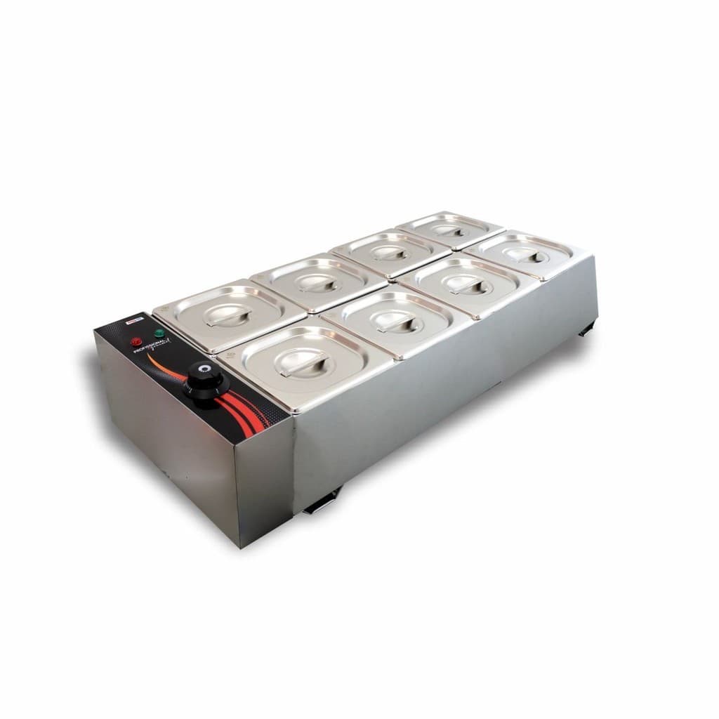 Chocolateira profissional 8 cubas 1/6 16L, aço inoxidável, controles pretos e vermelhos, fundo branco