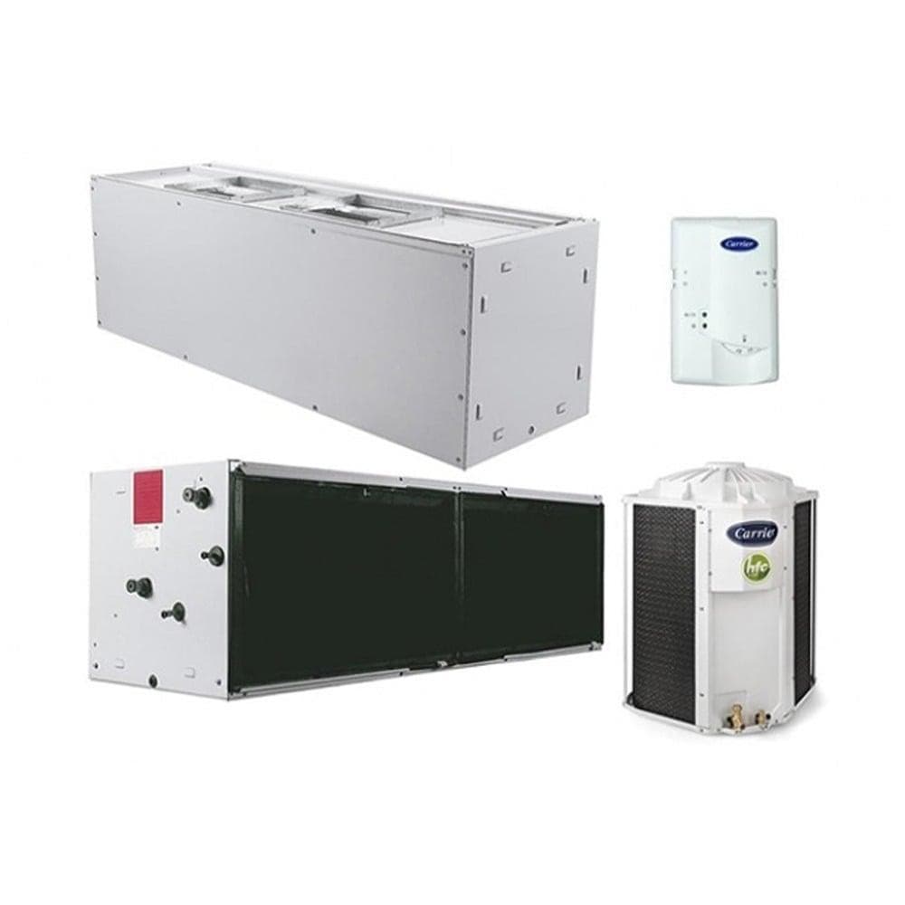 Ar Condicionado Splitão Carrier 7,5 TR Frio 40MSE090236VH com unidade externa branca, unidade interna preta e controle remoto branco.