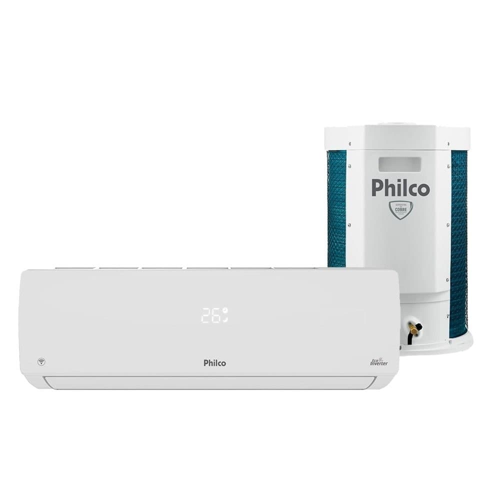 Ar condicionado split Philco 24000 BTUs, unidade interna branca com display digital e unidade externa cinza e azul.
