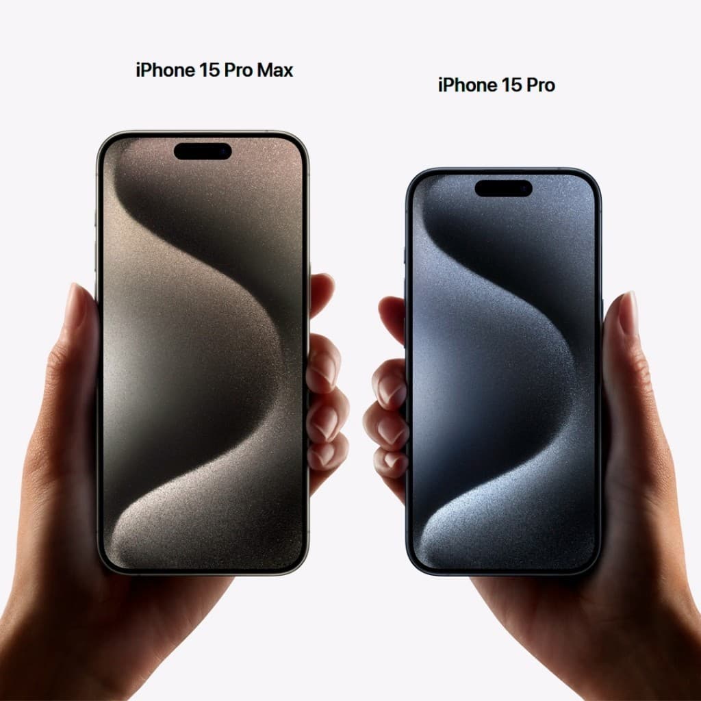Imagem promocional do iPhone 15 Pro e iPhone 15 Pro Max com fundo branco