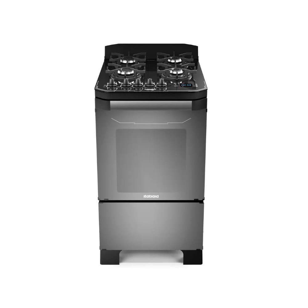 Fogão a gás de 4 bocas com painel touchsreen e timer digital, em aço inoxidável e preto.