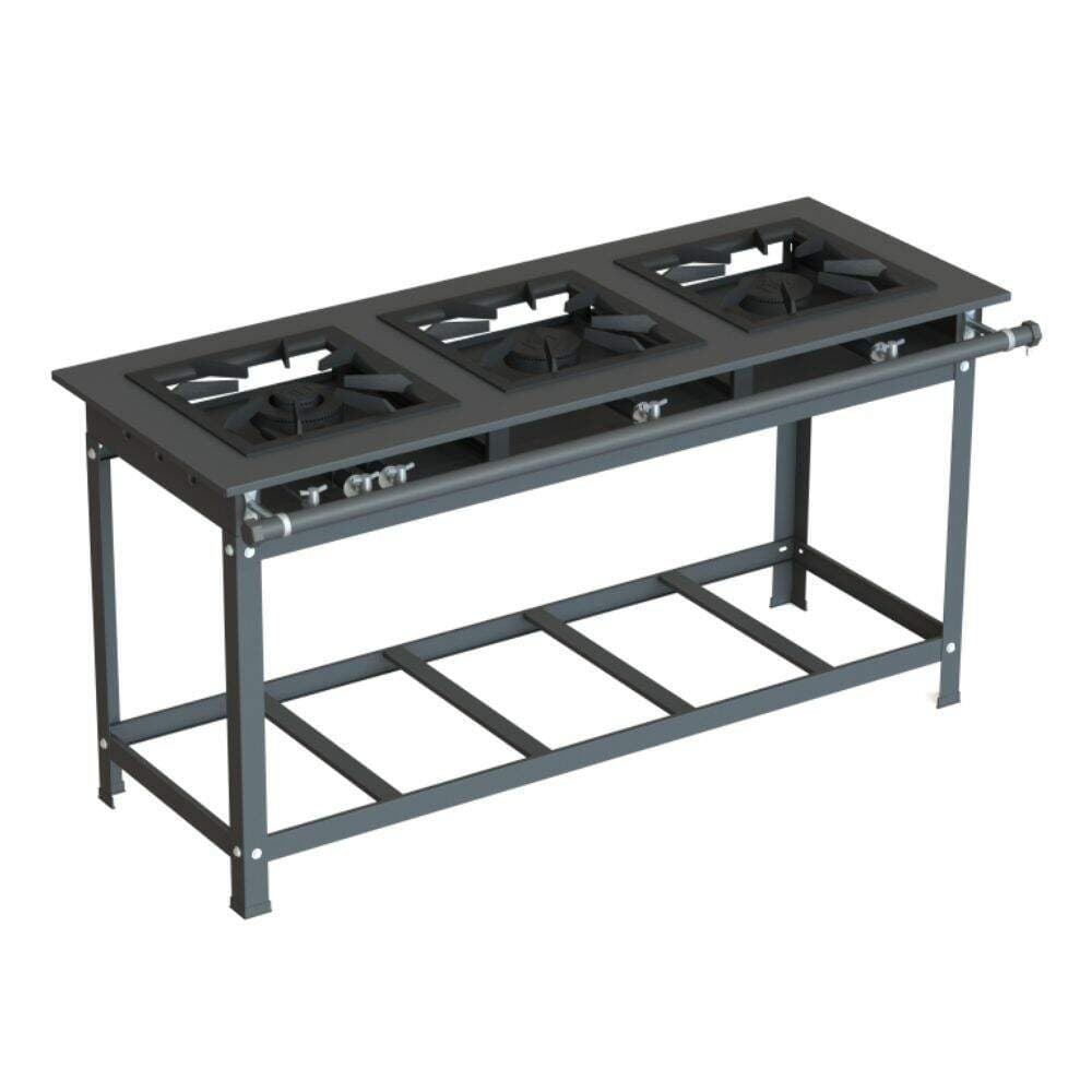 Fogão industrial 40x40 com 3 bocas e baixa pressão em preto e cinza