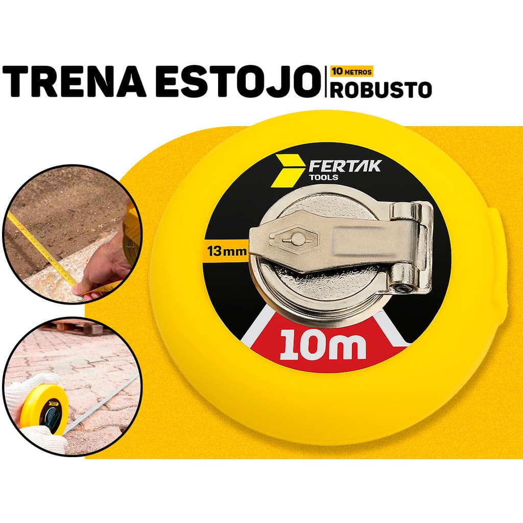 Trena de medição de 10 metros Fertak com estojo amarelo robusto