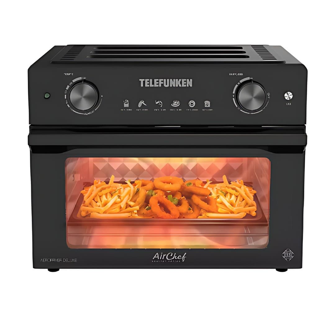 Forno com Air Fryer Telefunken 35 Litros Aero Fryer Deluxe preto, porta aberta, interior iluminado com batatas fritas e anéis de cebola