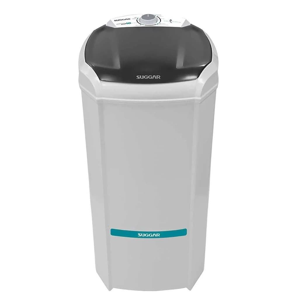 Lavadora Semiautomática 10Kg LE1021 Suggar branca e cinza, fundo branco, controle na parte superior, marca Suggar em azul e preto