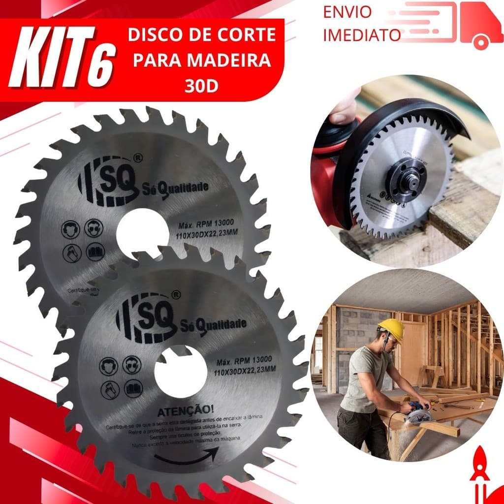 Kit 6 discos de corte para serra circular, dois discos prateados com marca SQ, homem trabalhando com serra circular.