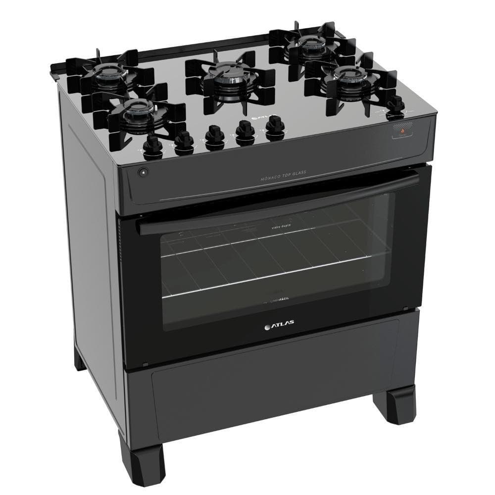 Fogão Atlas 5 Bocas Preto Mônaco Top Glass Bivolt com design moderno em preto fosco