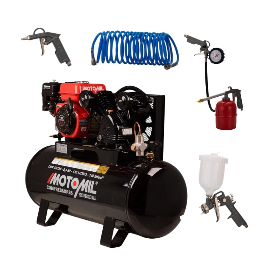 Kit Profissional Funilaria Pintura Limpeza Compressor Motomil Gasolina 5,5HP 130L Acessórios