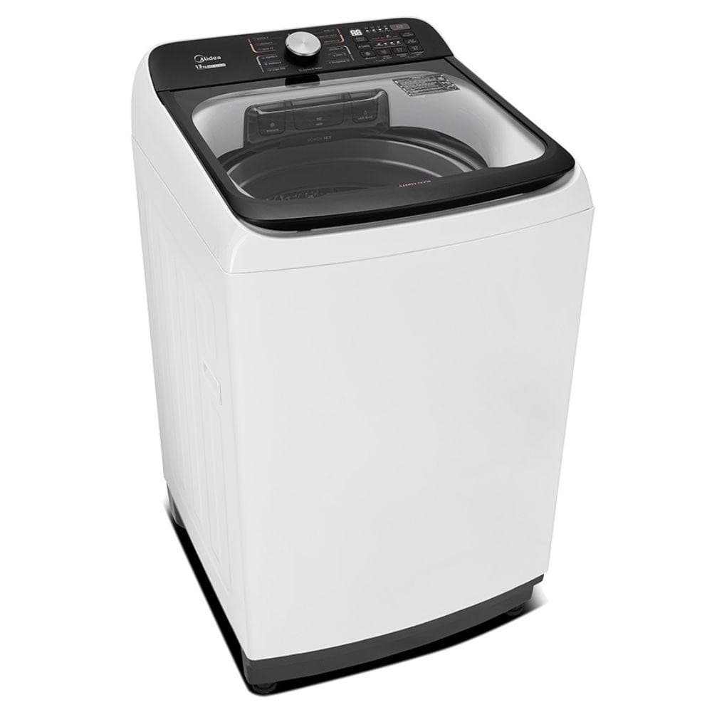 Lavadora de Roupas Automática Midea 13Kg branca e preta contra fundo branco
