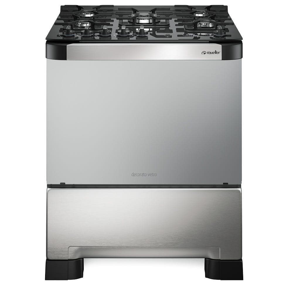 Fogão Mueller 5 bocas Decorato Vetro Inox com mesa de vidro e Timer digital, aço inoxidável com fundo branco