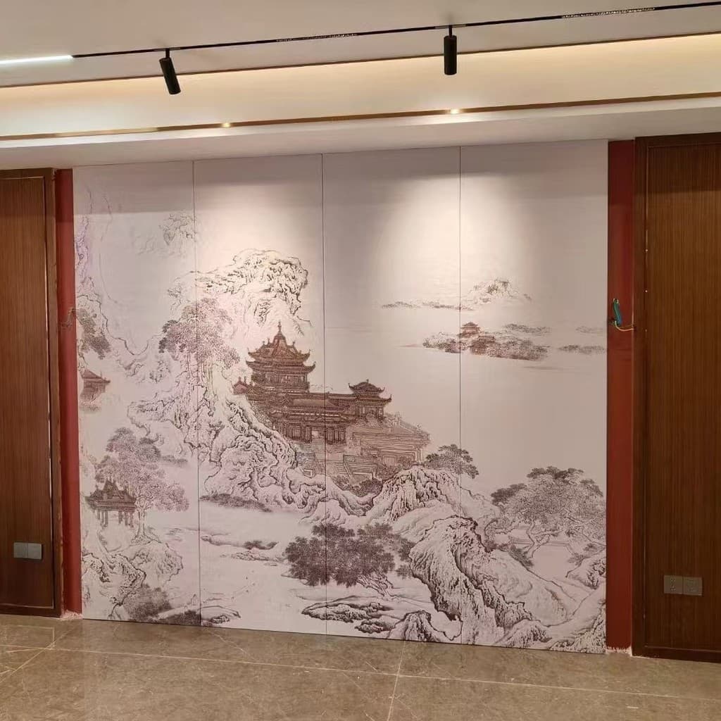 Painel decorativo chinês em estilo de paisagem com montanhas e templo em preto e branco