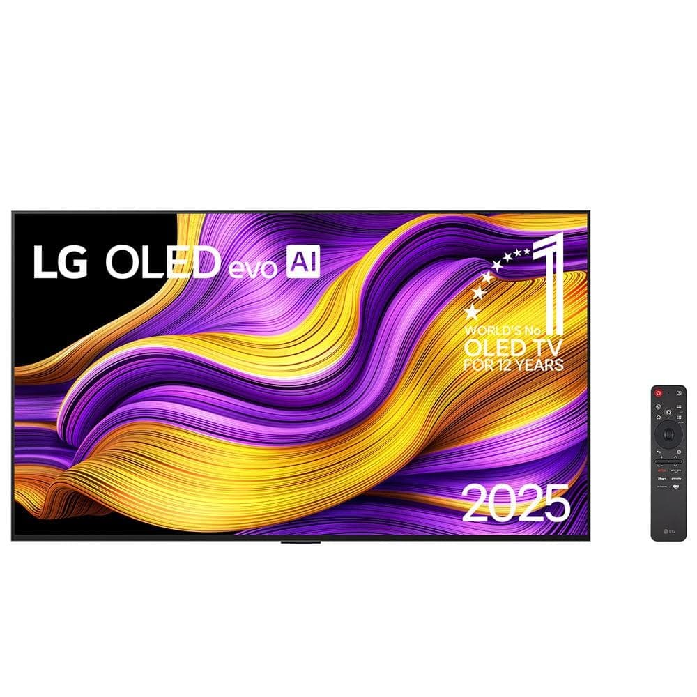 Smart TV 4K LG OLED 65 polegadas AI, fundo vibrante, ondas amarelas e roxas, controle remoto preto