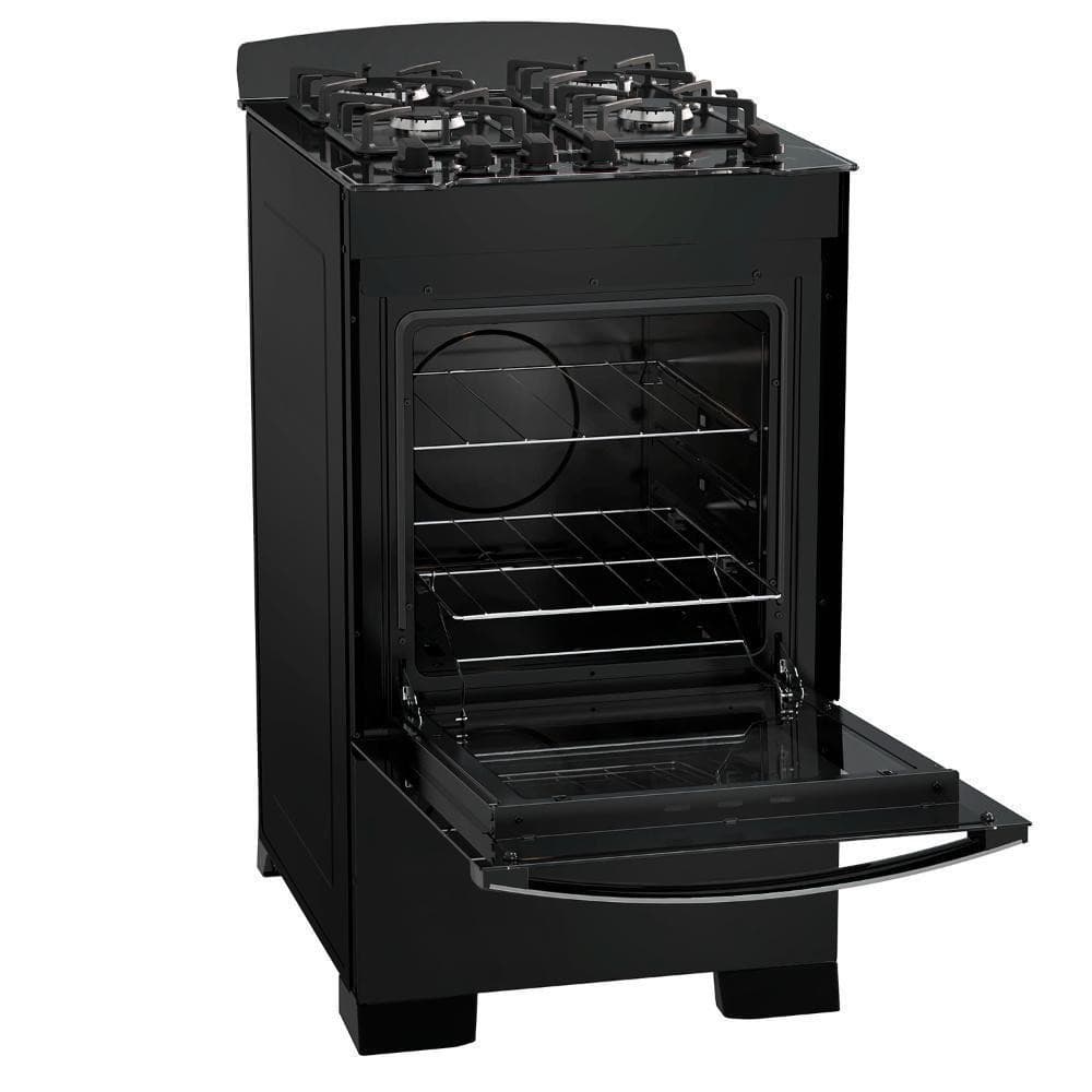 Fogão 4 bocas preto com mesa de vidro, porta aberta, fundo branco