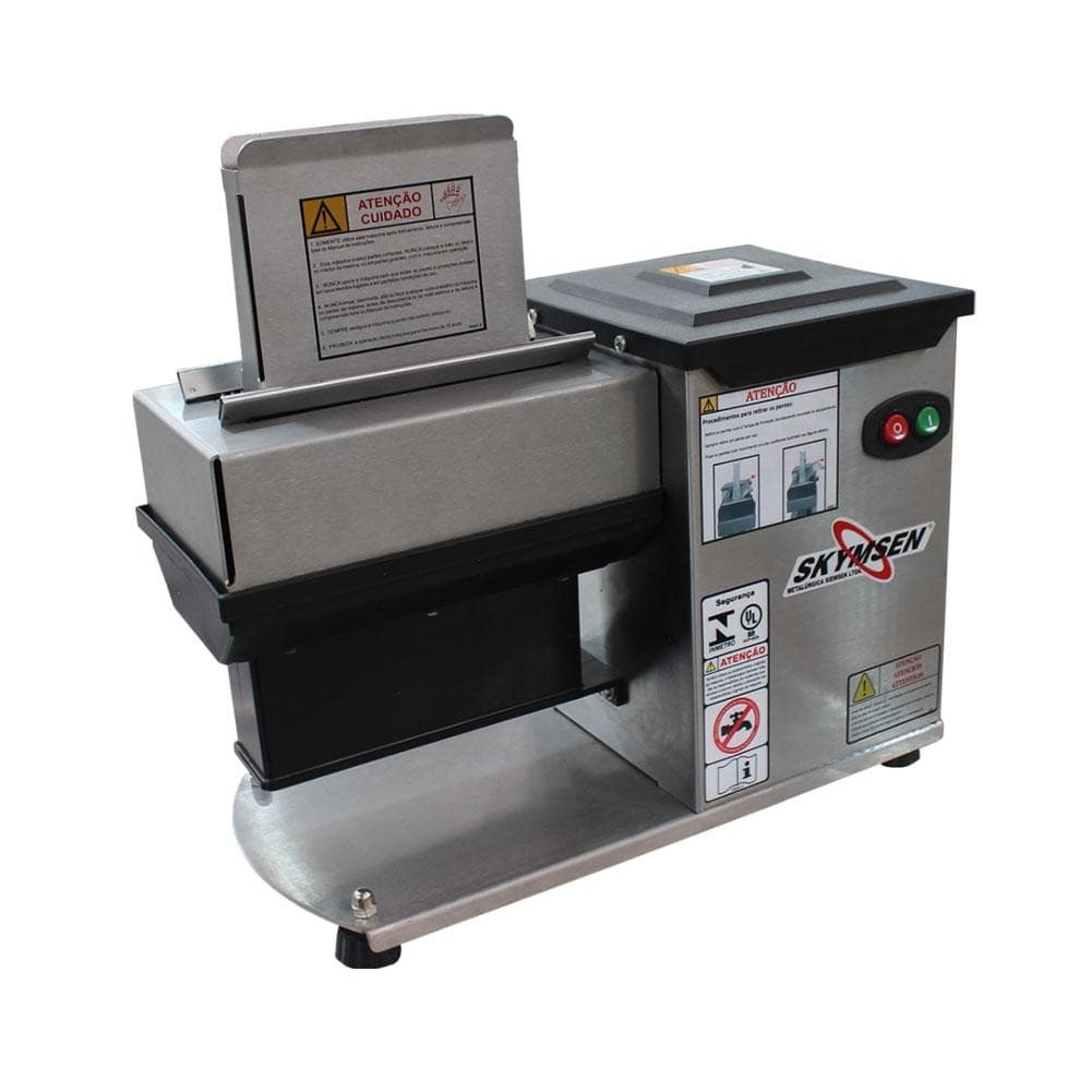Amaciador de bife e carne inox Skymsen, aço inoxidável, controles e indicadores, etiquetas de segurança
