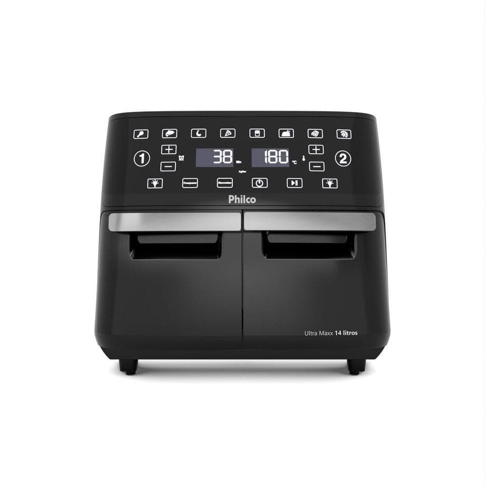 Fritadeira de ar Philco 14L com painel digital, preto e prata, contra fundo branco
