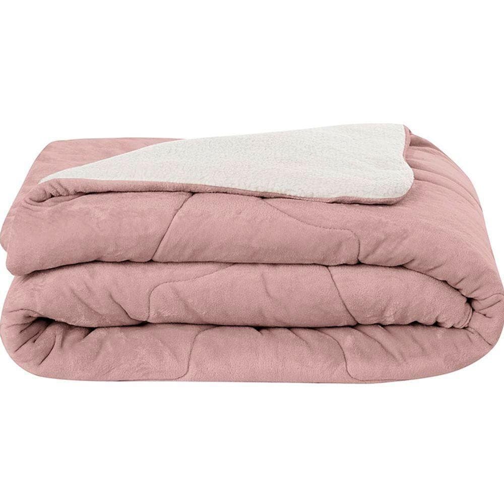 Edredom Solteiro Confort Plus Sherpa 170mx240m Rosa Claro com Sobrecama Cinza