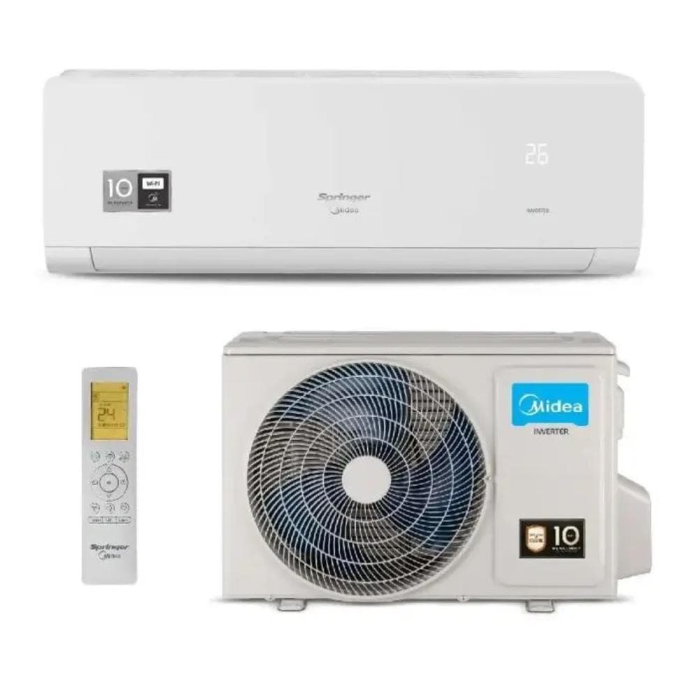 Ar Condicionado Inverter Springer Midea Xtreme Save Connect 12000 Btus, branco, com controle remoto, logotipo Midea e informações de 10 modos.