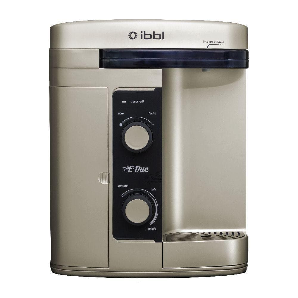 Purificador de Água Ibbl E-Due Prata Bivolt 79073001, frontal, cinza, controles rotativos, texto E-Due, fundo branco