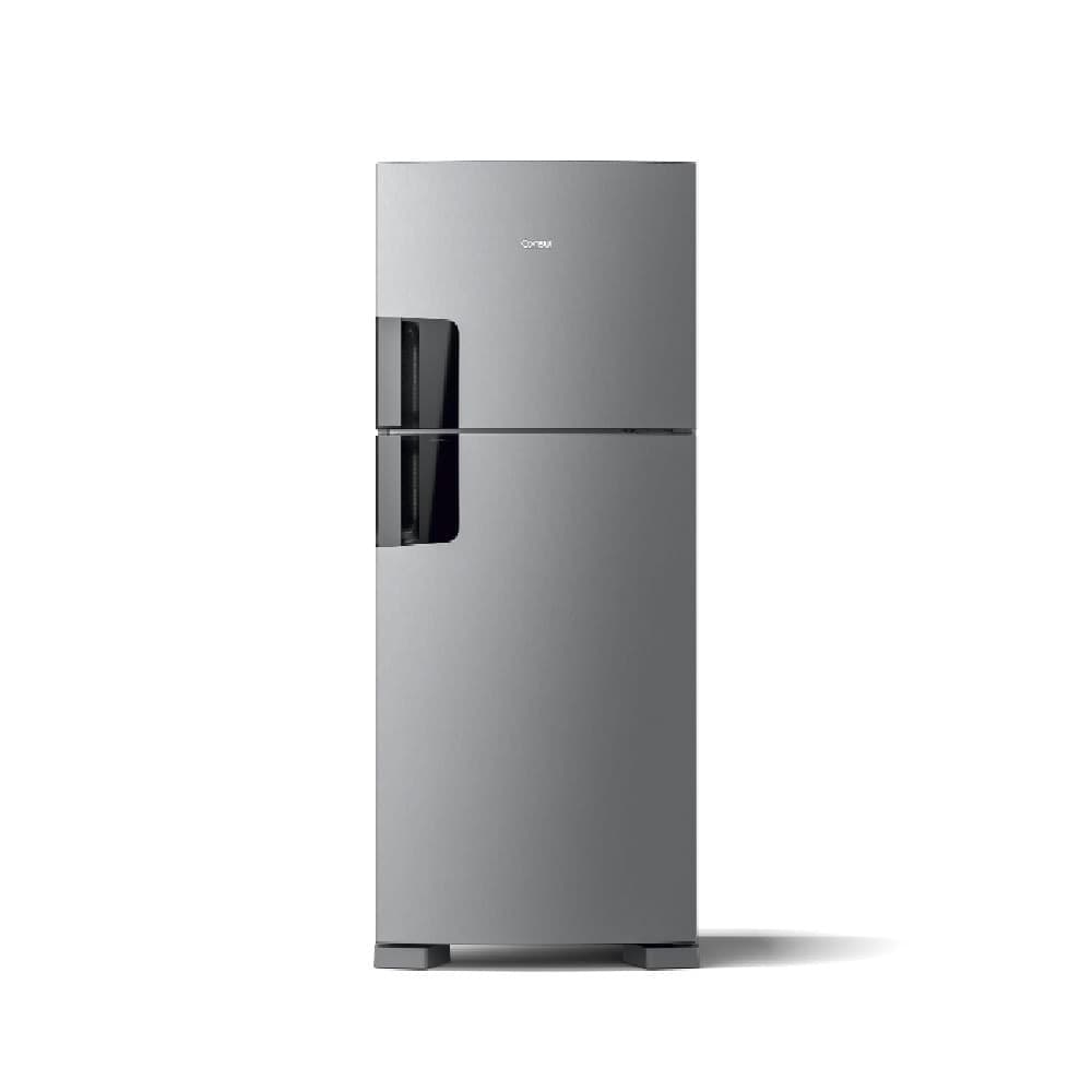 Refrigerador Consul Frost Free Duplex 410 Litros CRM50FK Inox – 220 Volts, cor prata, em pé sobre fundo branco, com portas de vidro e alças pretas.