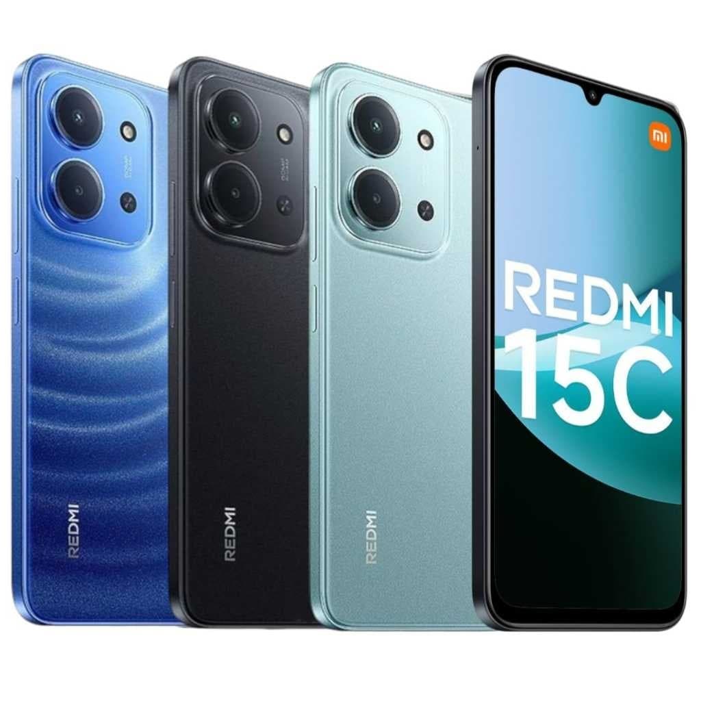 Celular Xiaomi Redmi 15C em três cores: azul, preto e ciano. Exibindo câmera traseira quadrada e texto na tela.