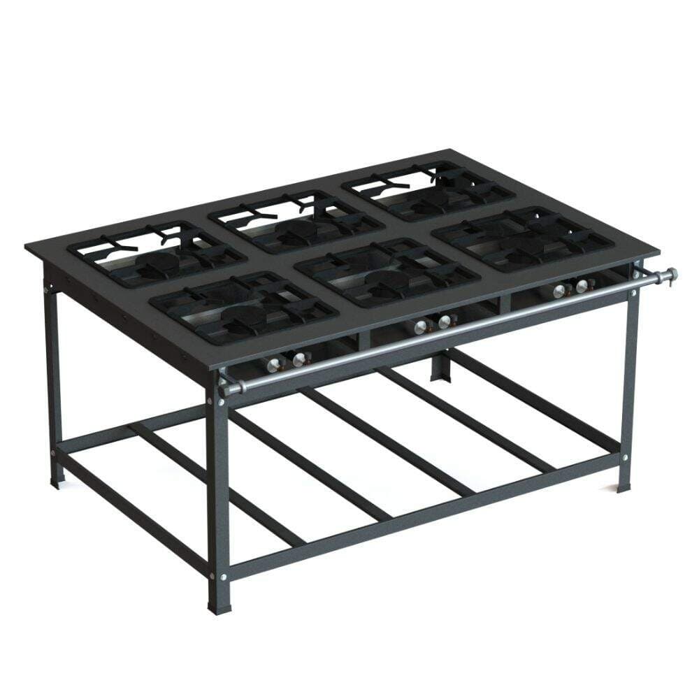 Fogão industrial 6 bocas JS Martins, estrutura em metal preto
