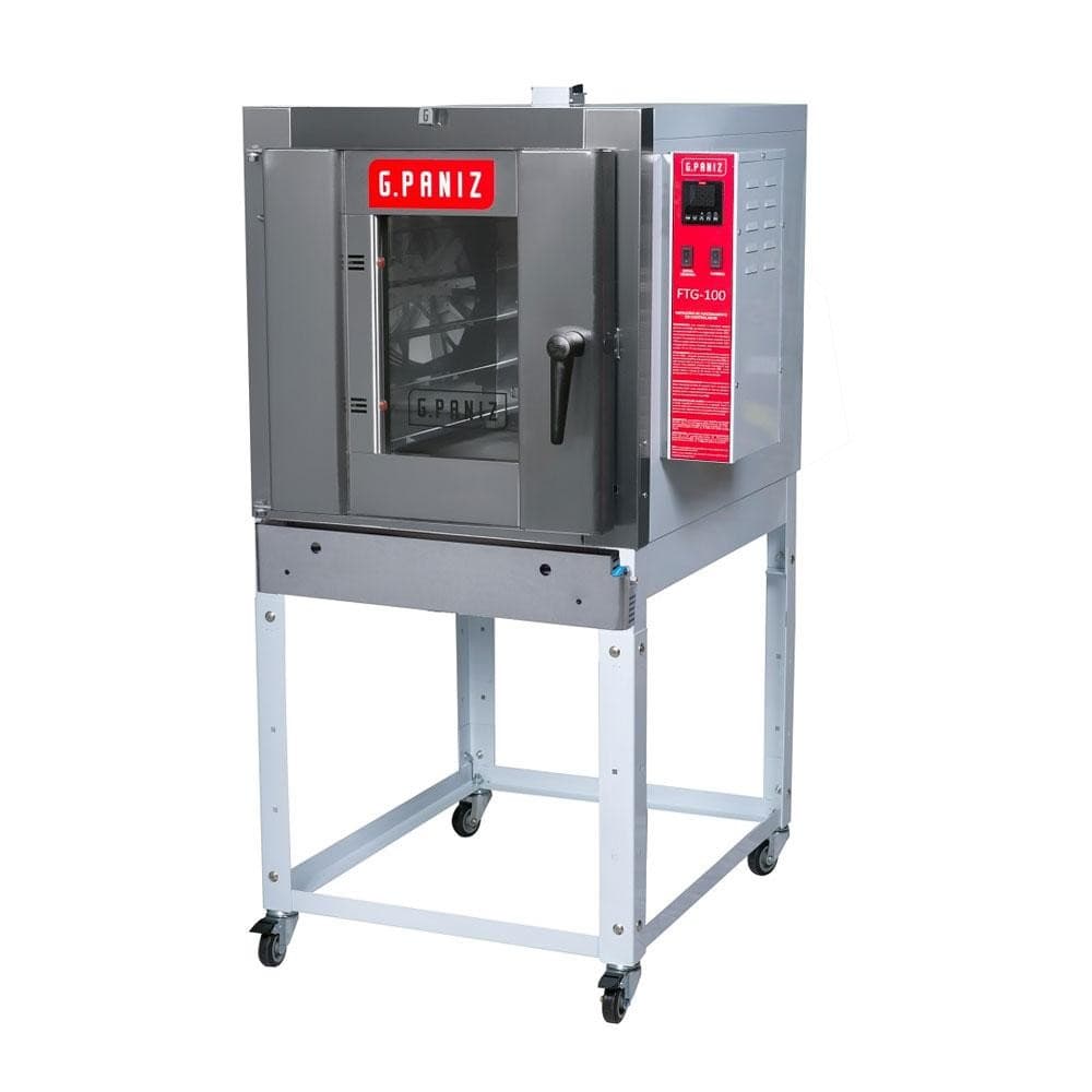 Forno turbo a gás profissional para padarias com acabamento em epóxi, capacidade para 5 esteiras de 40x60 cm, 100 pães, controles digitais, etiqueta vermelha FTG-100, fundo branco, rodas