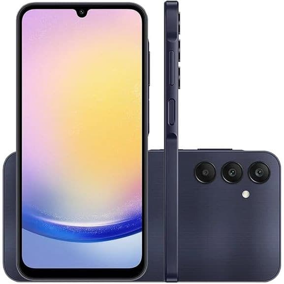 Celular Samsung Galaxy A25 5G 256GB em azul metálico, vista frontal e traseira com câmera quádrupla.