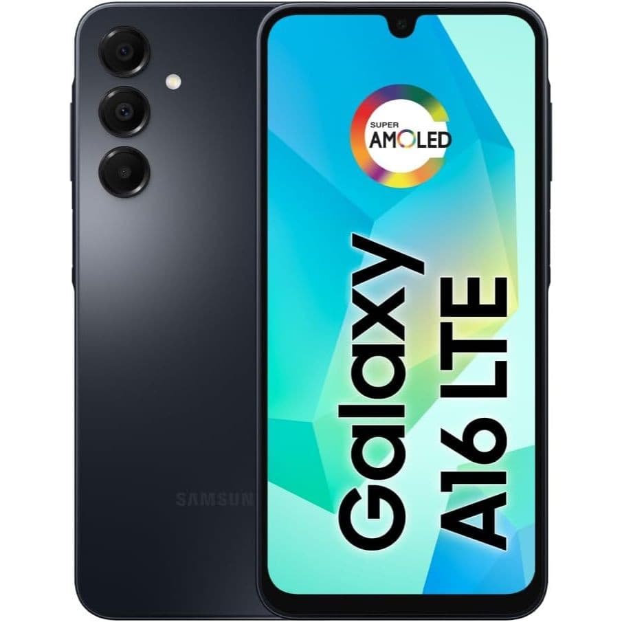 Imagem do smartphone Samsung Galaxy A16 128GB + 4GB RAM preto, mostrando o verso com câmera quadrada e tela AMOLED.