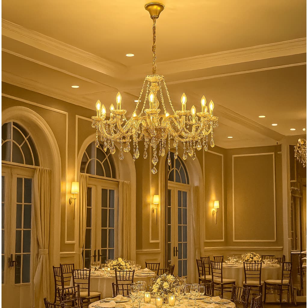 Lustre De Cristal Luminária Luxuoso Ambar Com 18 Braços