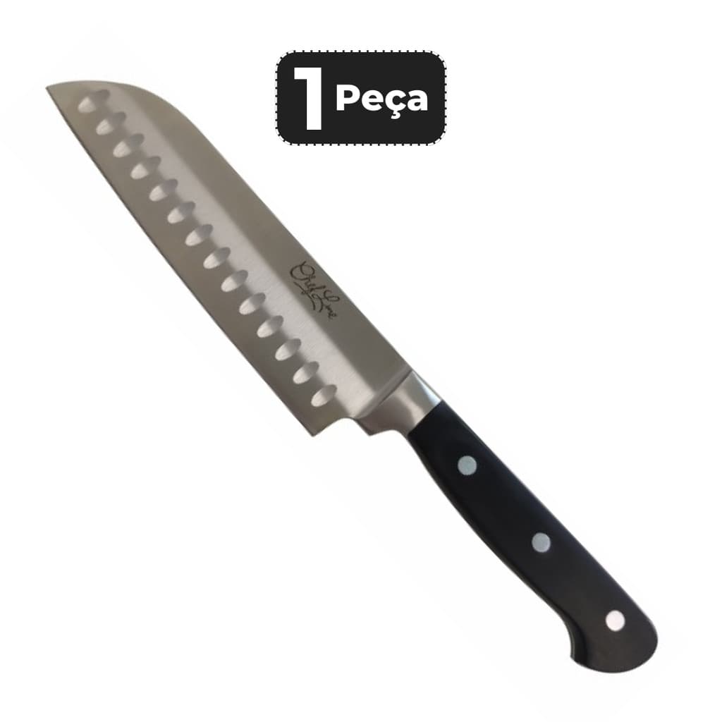 Faca Santoku de chef 8 polegadas com cabo ABS preto, lâmina serrilhada e cabo preto com detalhes de aço inoxidável