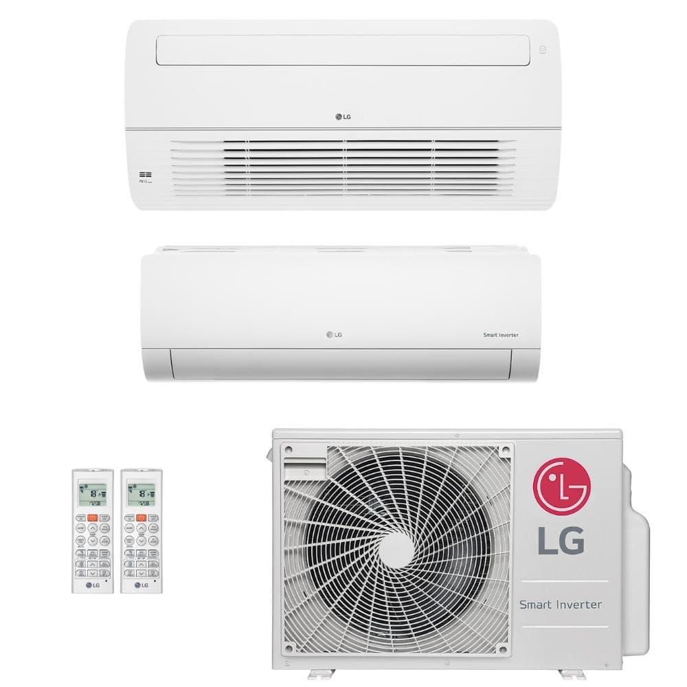 Ar-condicionado multi split inverter LG 18.000 BTU com unidades evaporativas e condensadora brancas, fundo branco