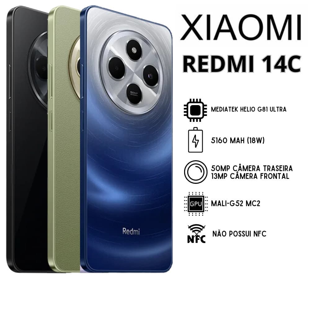 Smartphone Xiaomi Redmi 14c com câmera quadrada, especificações técnicas destacadas
