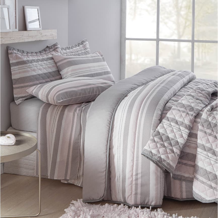 Edredom duplo face cinza e branco com estampa de listras, conjunto de cama com almofadas
