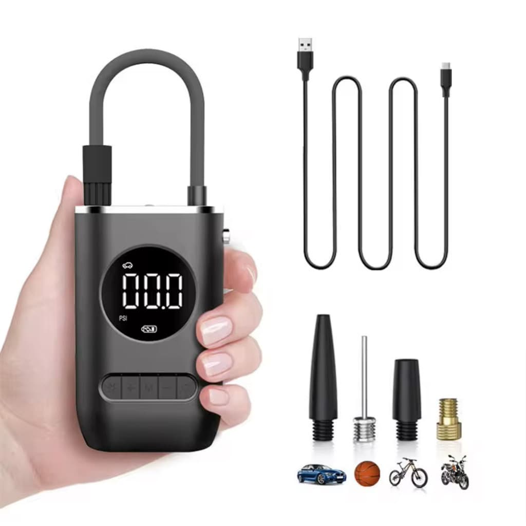 Mini compressor de ar portátil digital preto com acessórios e ícones de veículos.