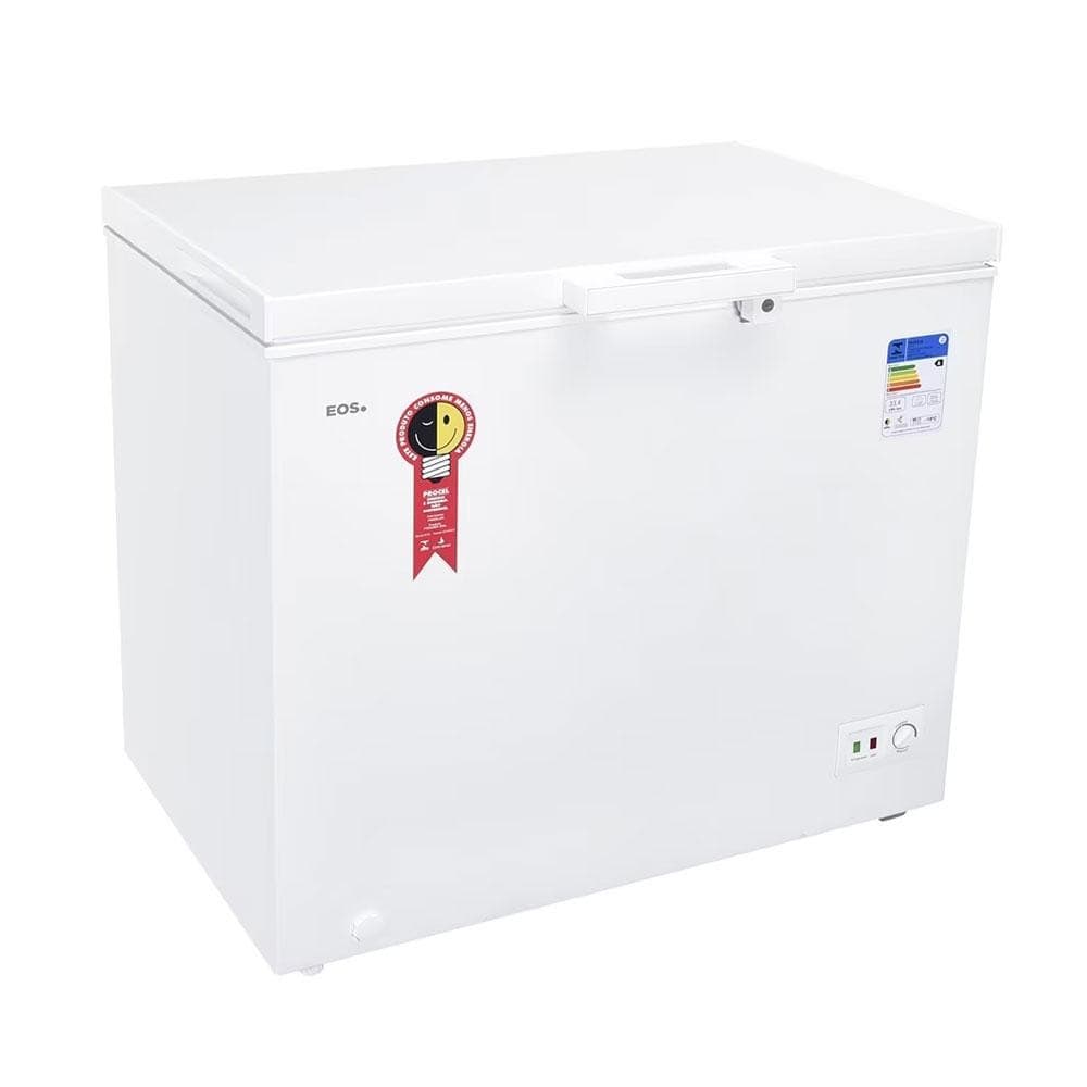 Freezer horizontal branco EOS 205 litros com selo de qualidade e logotipo