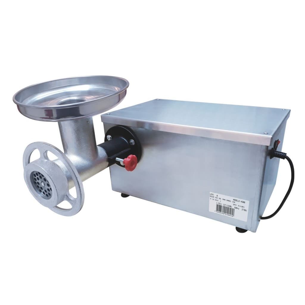 Máquina de moer carne industrial em aço inoxidável, visão frontal, fundo branco.
