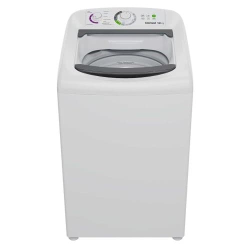 Máquina de lavar branca Consul CWH12BB 12kg com dosagem econômica e ciclo edredom, isolada em fundo branco.