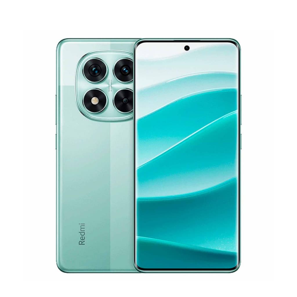 Xiaomi Redmi Note 14 Pro 5G, smartphone verde translúcido com câmera traseira quadrupla, tela com ondas azuis