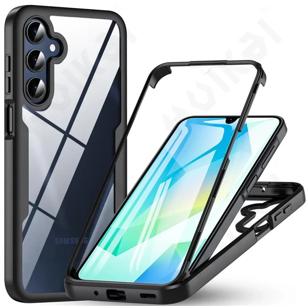 Capa protetora transparente para smartphone Samsung, design minimalista com bordas de metal, preto e branco