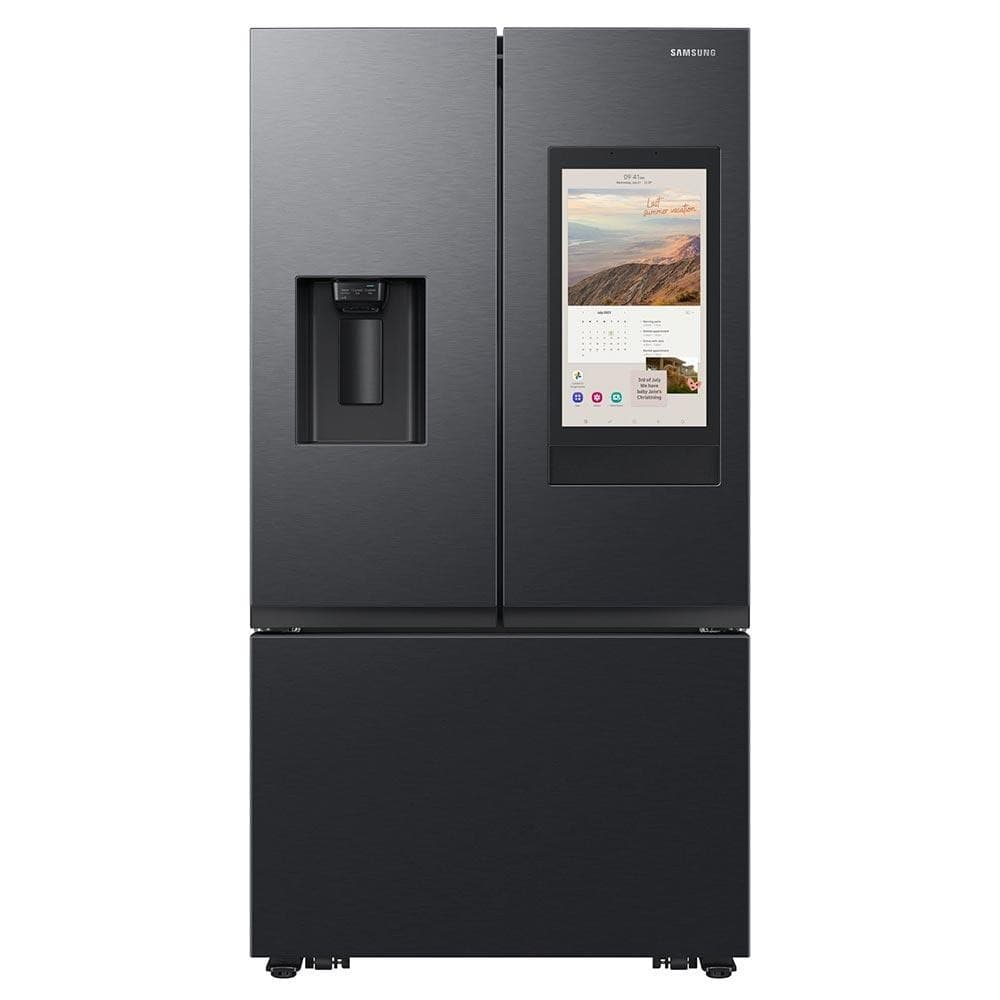 Refrigerador Family Hub Smart French Door Samsung RF27CG5910B1, preto e inox, porta francesa, display touch, dispensador de água e gelo.