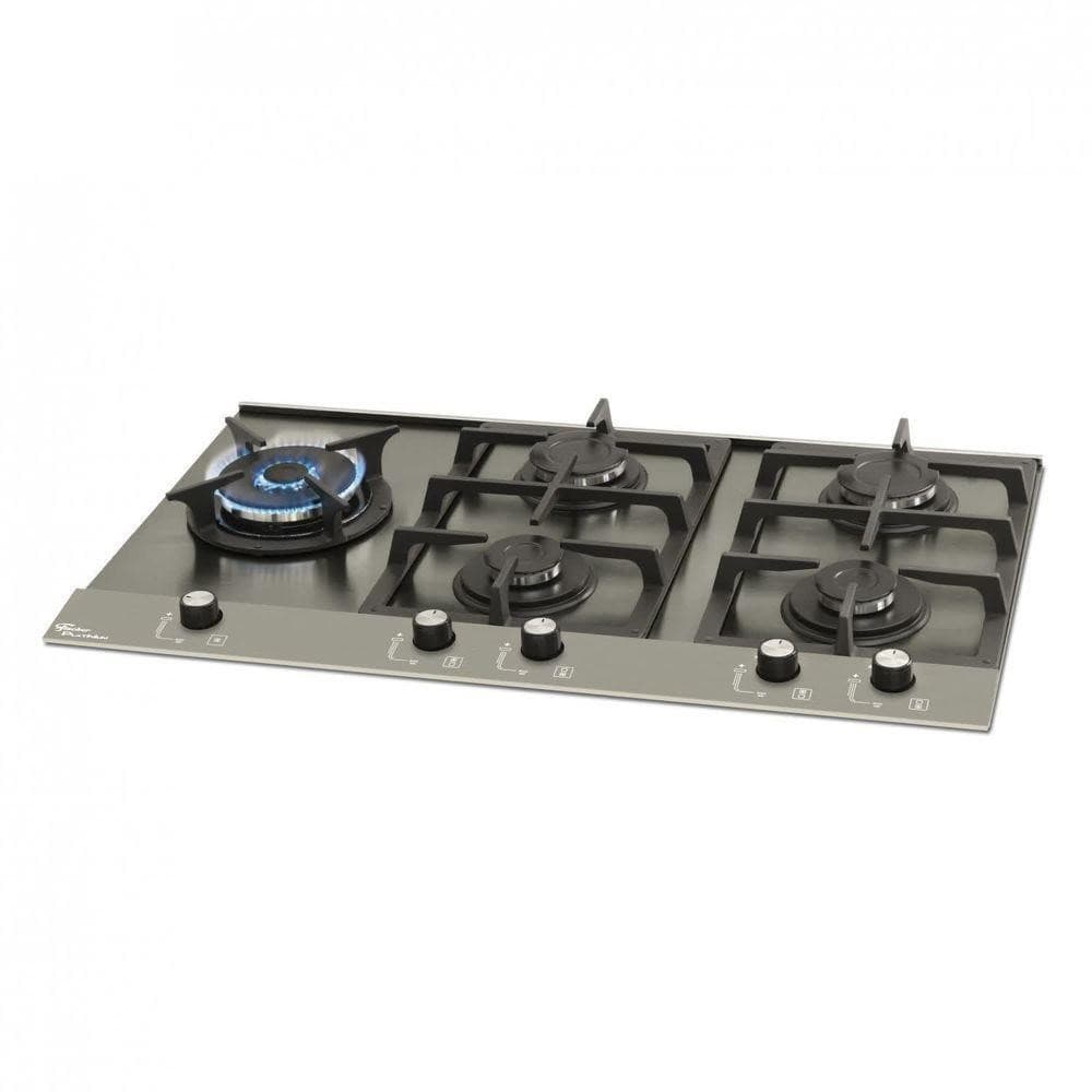 Cooktop 5 Bocas Fischer Platinium Prime Escovado com cinco queimadores e acabamento escovado.