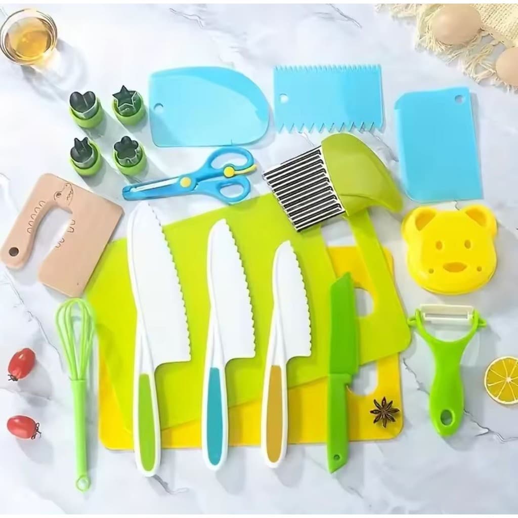 Kit Cozinha Montessori 17 Peças Educativo Infantil com Facas de Plástico Seguras