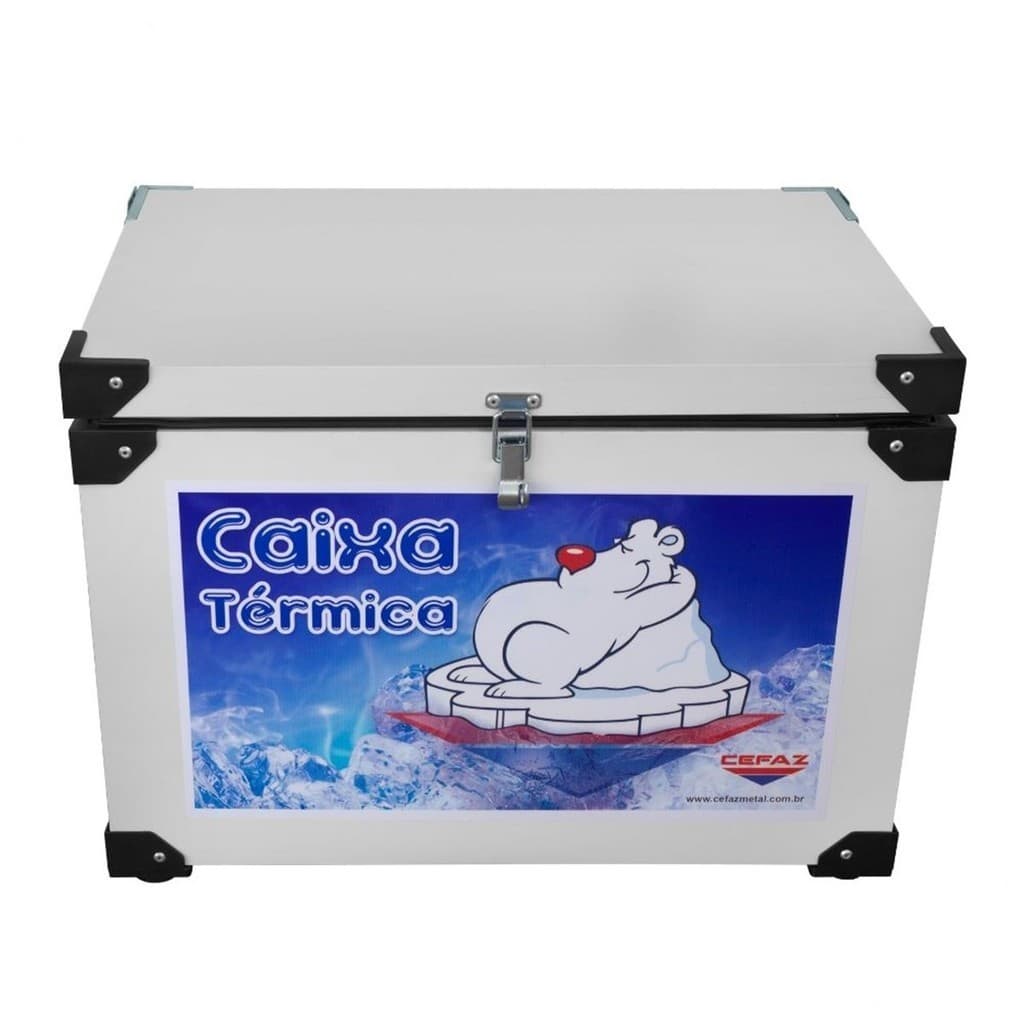 Caixa térmica branca 278 litros com interior em aço inoxidável, com ilustração de urso polar.