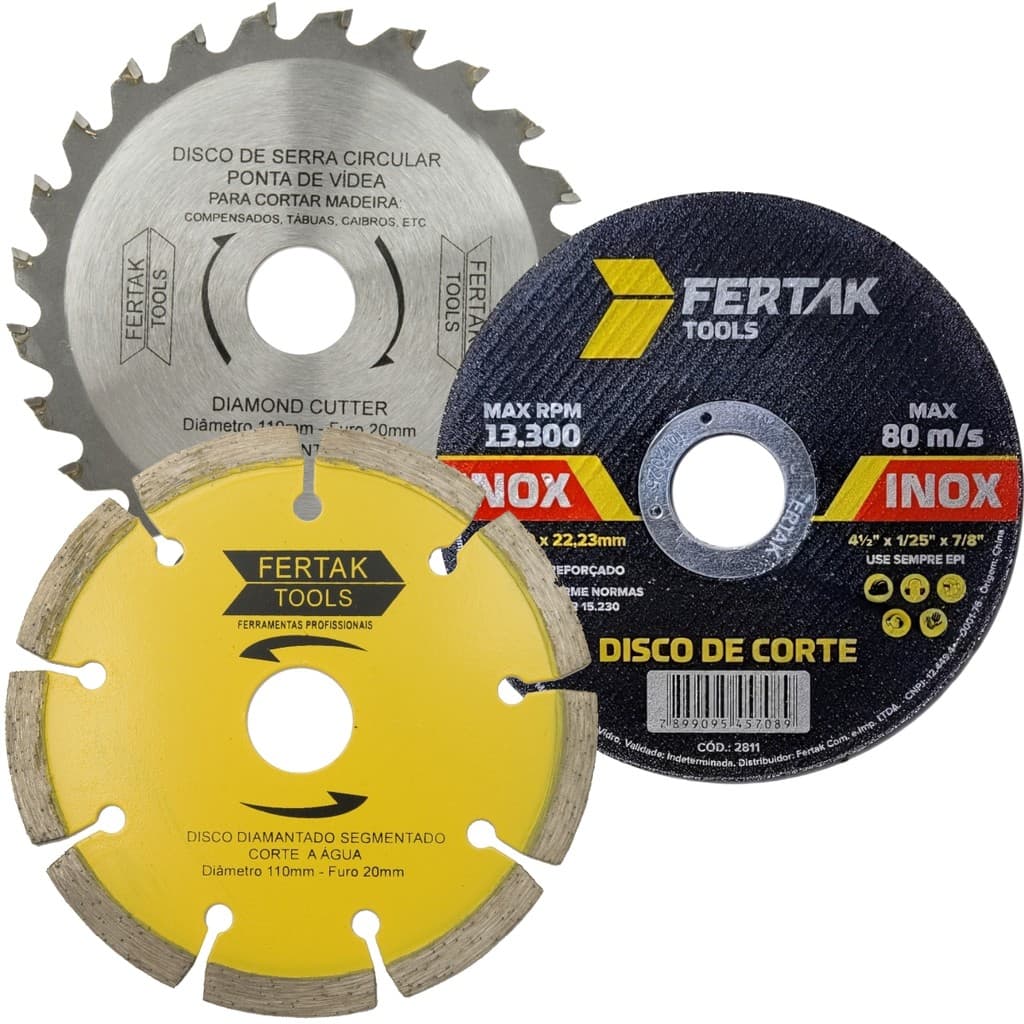 Disco de serra circular para madeira, disco de corte diamantado segmentado e disco de corte de metal, todos da Fertak Tools.