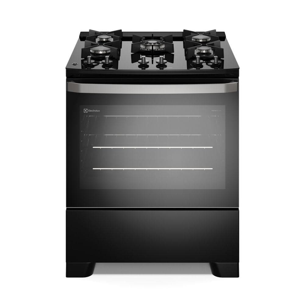 Fogão Electrolux 5 bocas preto com mesa de vidro e grades de ferro