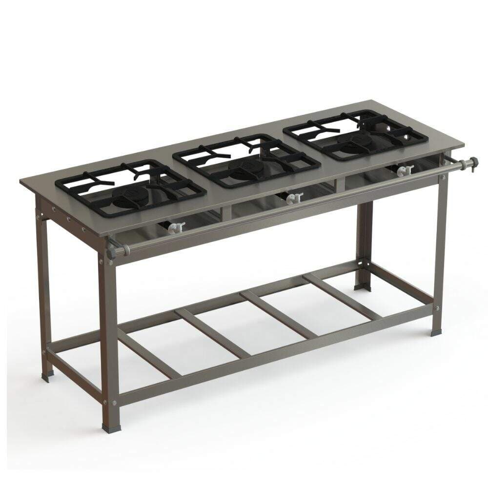 Fogão industrial inox 30x30 P7 com três bocas de baixa pressão.