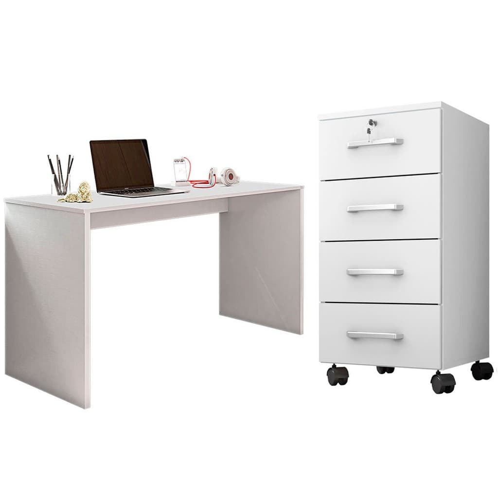 Mesa/Escrivaninha para Computador e Notebook com Gaveteiro 4 Gavetas com Rodízios Branco