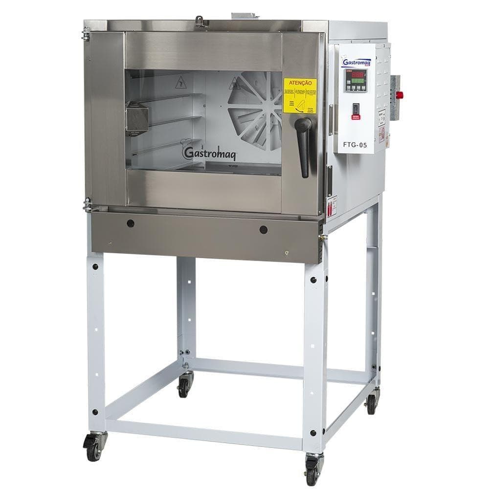 Forno Turbo a Gás 5 Esteiras Gastromaq FTG-05 com pedestal e rodas, acabamento epóxi, visão frontal