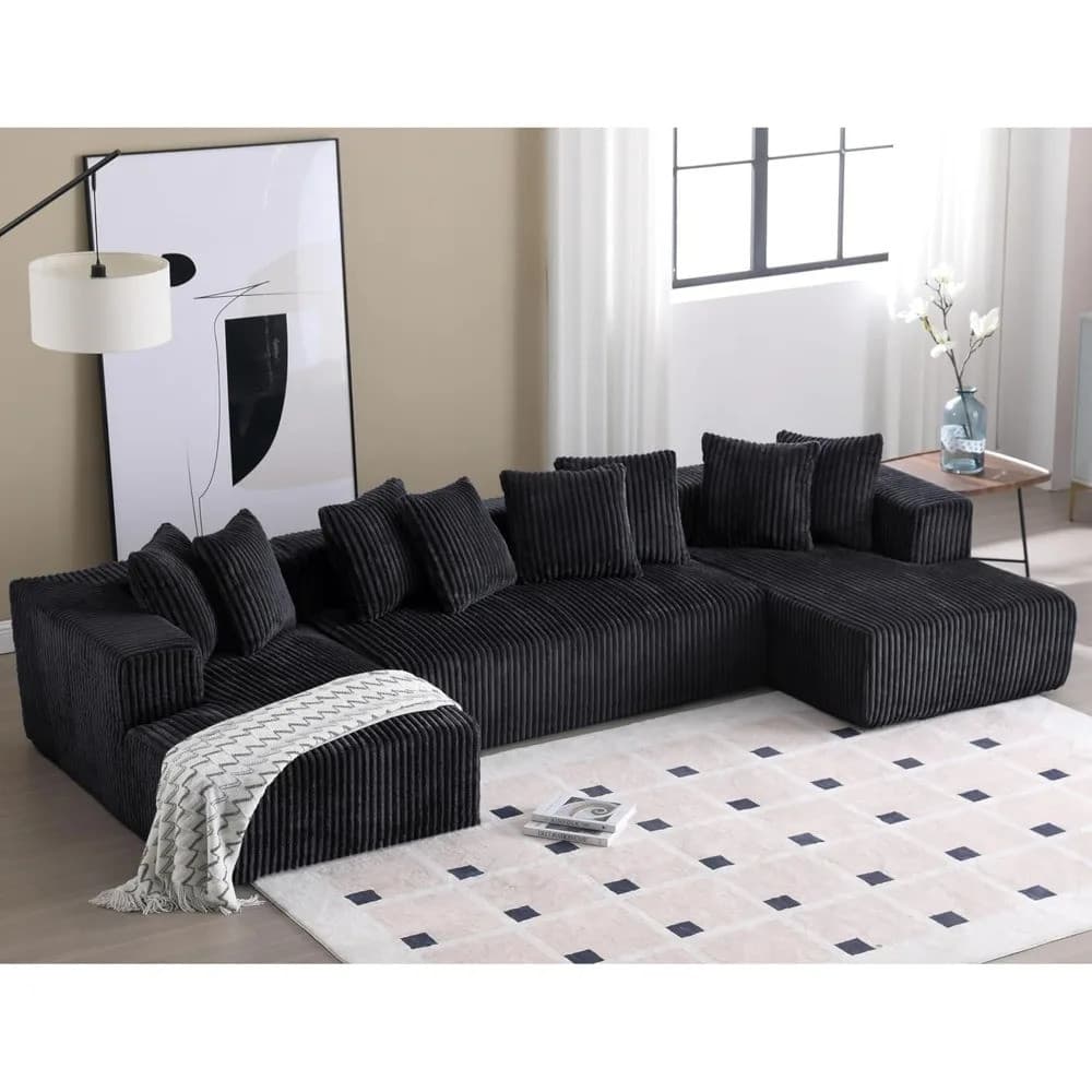 [NEW] 131 '' Sofá Seccional Modular, Sofá de Chão Moderno em Forma de U com Chaise Lounge Duplo, Sofá Confortável de Tec